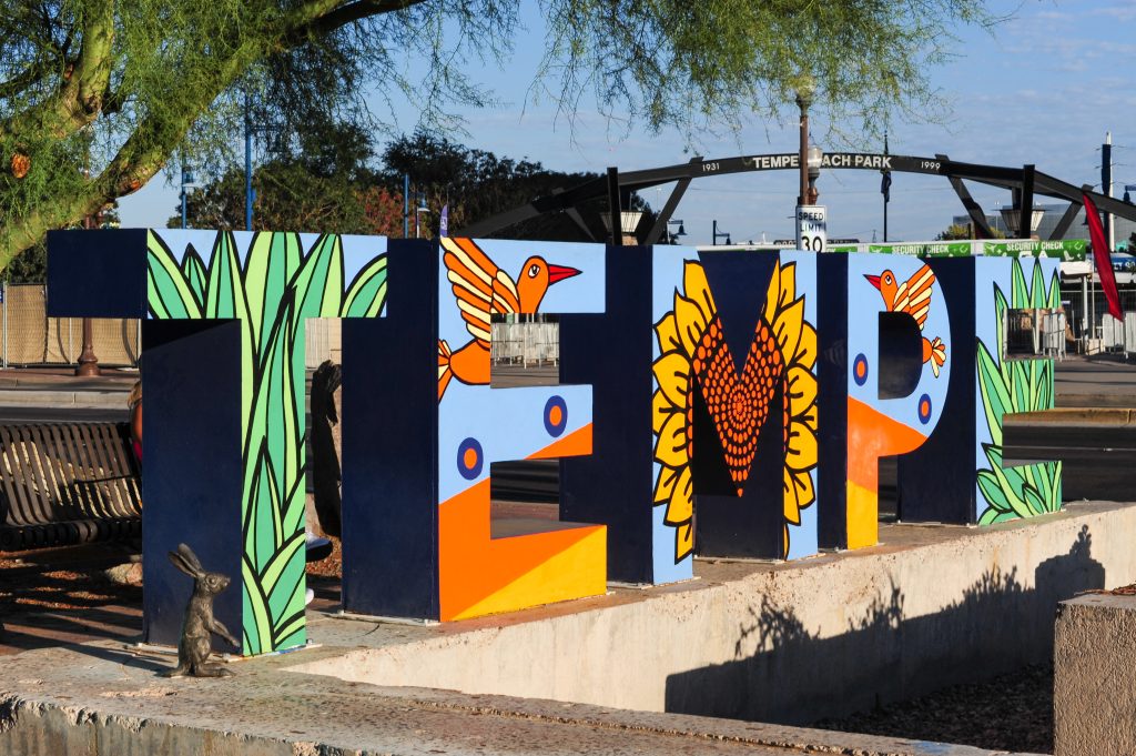 Public three-dimensional artwork featuring a colorful design with large letters spelling out ‘Tempe’ in downtown Tempe, Arizona