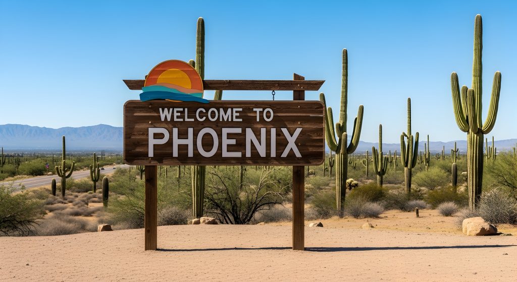 Warm Welcome To Phoenix Arizona Landscape With Iconic Cactus And Wooden Sign